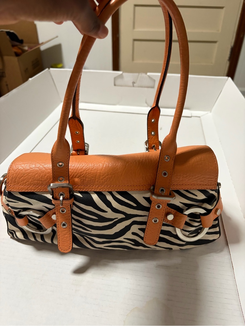 Adrienne Vittadini Orange and Black Zebra-Print Satchel - Picture 2 of 7